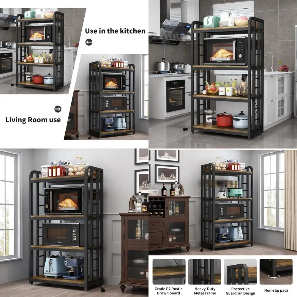 4-Tier Rustic Brown Kitchen Baker's Rack with Power Outlet, Microwave Stand, and Storage for Multi-Room Use