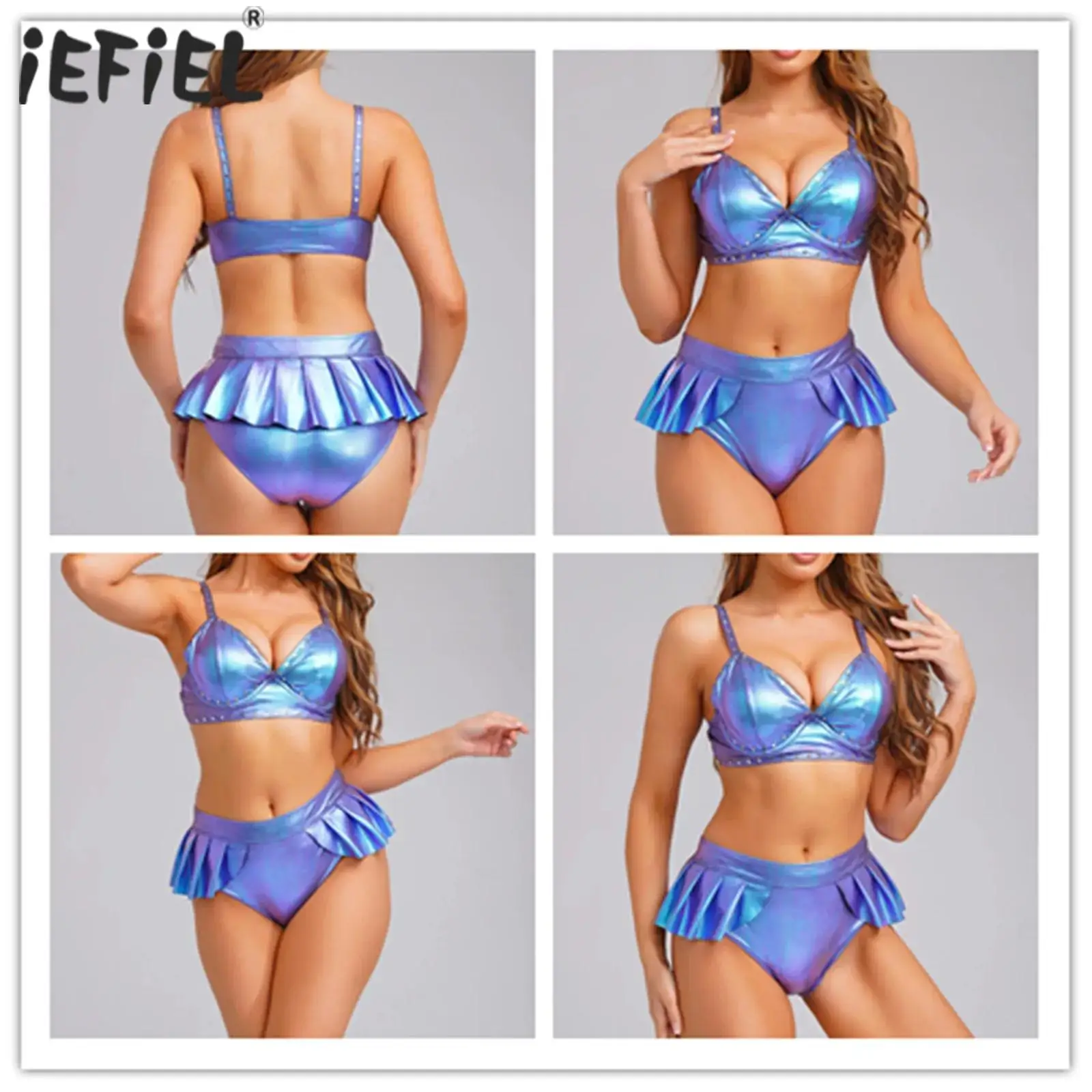 Women's Swimwear Brazilian Bikini Swimsuit Padded Underwire Rivets Triangle Bra Tops And Briefs with Pleated Hem Bathing Suit