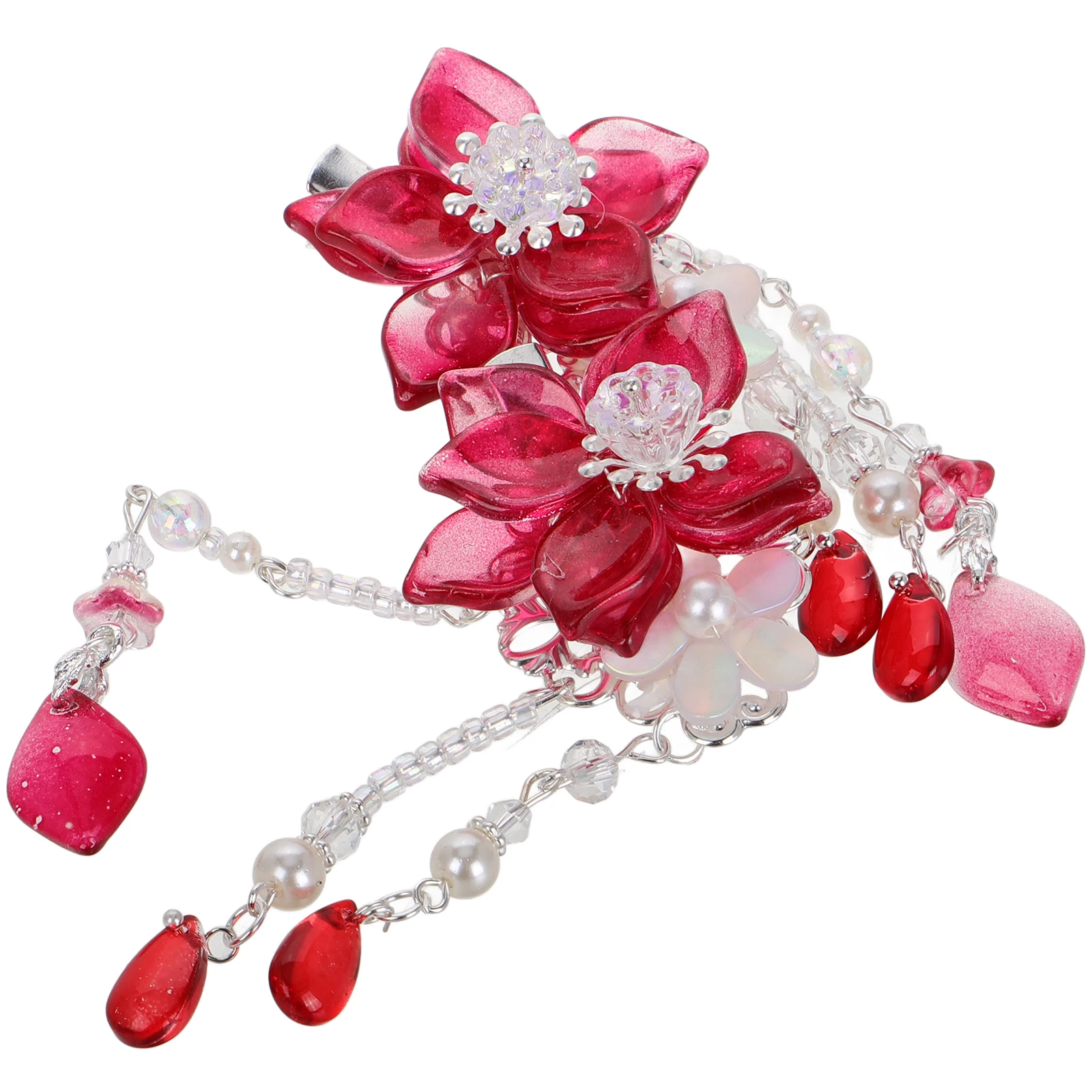 

Flower Hair Clips Kids Girls Red Color Chinese Style Hanfu Accessories Long Vintage Hairpins Stage Performance Dancing Child