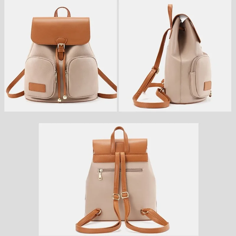 Fashion Color-Blocked Women Backpack Retro PU Commuter Daypack Preppy Flap Drawstring Schoolbags Outings Casual Travel Rucksack
