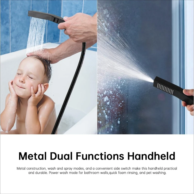 All Metal Rain Shower Head with Handheld Built-in Power Wash Mode 3-way Diverter Pause Setting 11'' Adjustable Extension Arm