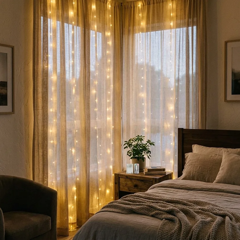 Battery Operated Fairy Curtain Lights Remote 3 Colors for Christmas Wedding Bedroom Party Festive Room Window Balcony Decor