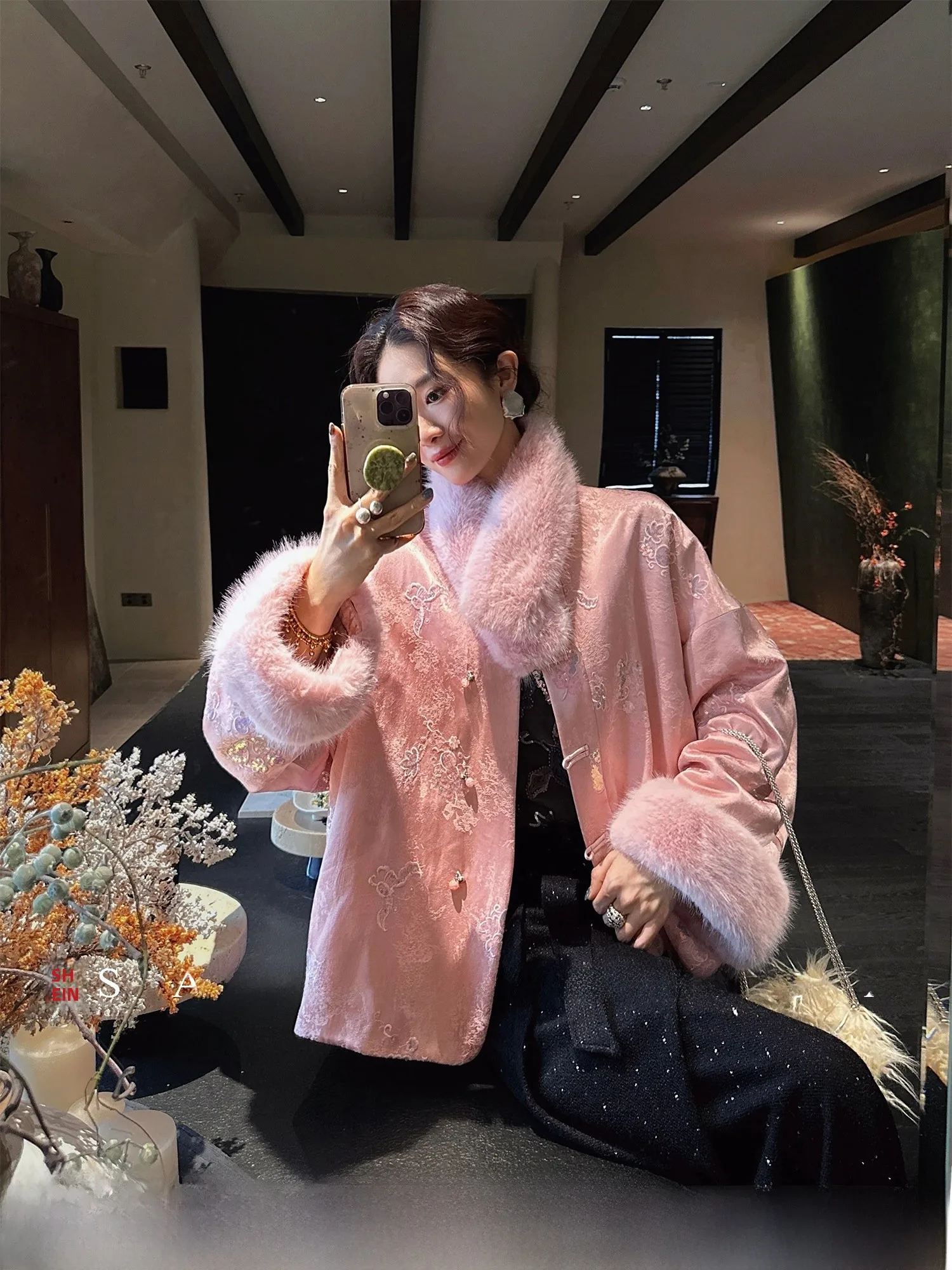 

Sanji Bla Flower New Chinese Sle Embroidered Cotton Jaet Women's Outerwear New Year eeting Fur Collar Loose Fit Long ...