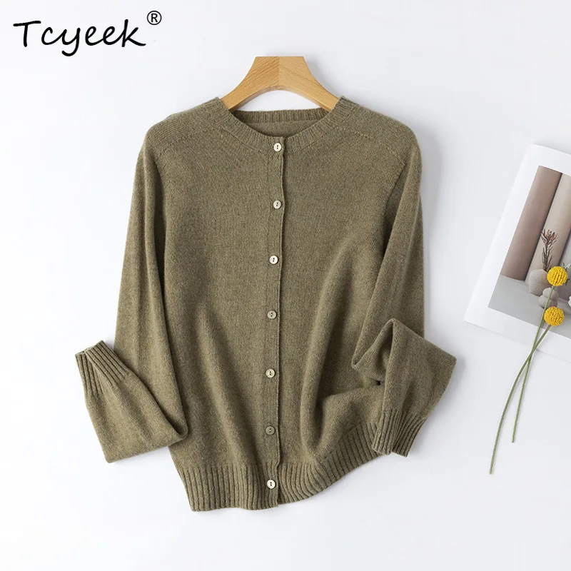 

Tcyeek, 100%Pure Wool Elegant Sweaters Jacket, Women O-Neck Long Sleeve, Fashion Commute Cardigan, 2024 Autumn Winter T48564QM