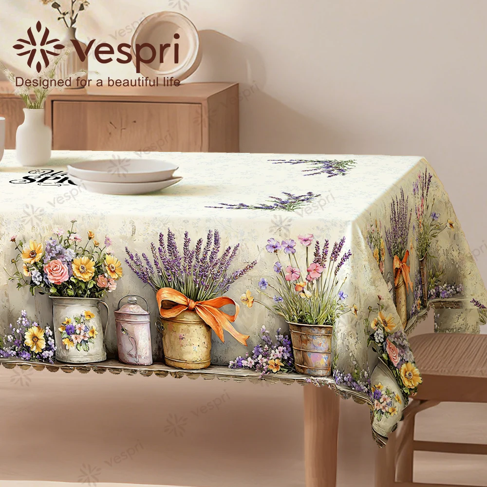 Vespri Frühlingstischdecke Blumenmuster Pastellfarben Ostern Hellgelb Weiß mit Blumenvase Band Rund Rechteckig Oval Polyester