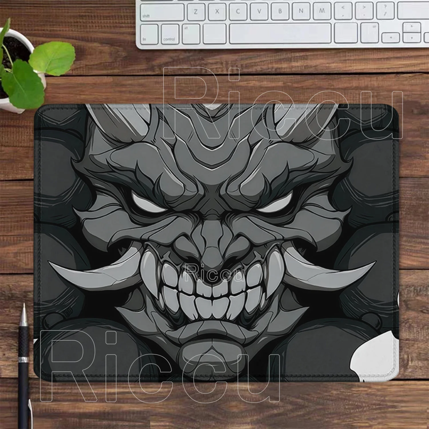 Schwarz-weißes Ghost Face rutschfestes kleines Mauspad mit HD-Druck, japanische Samurai-Teufelsmaske, Gaming-Büro-Overlock-Schreibtischunterlage