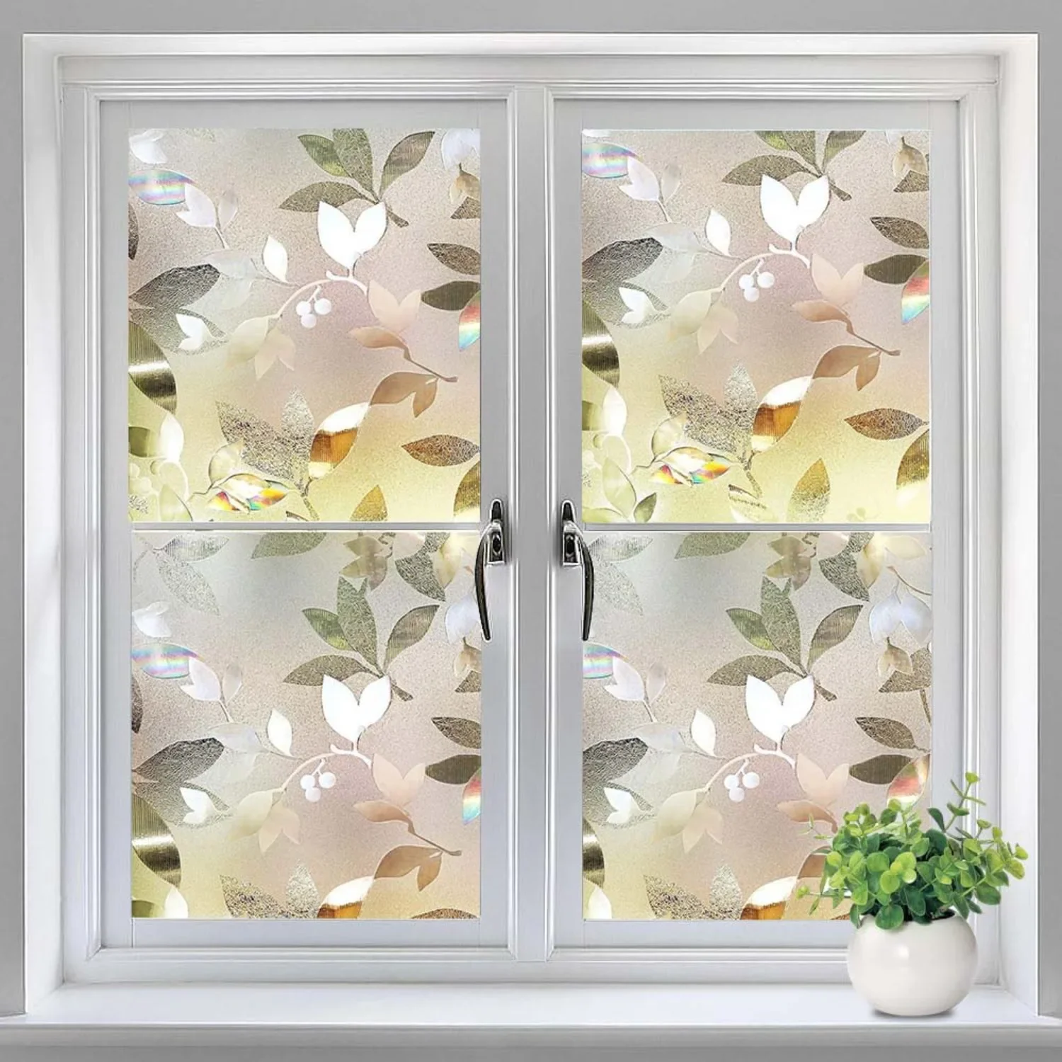 Window Privacy Film Colorful Leaf Frosted Glass Window Film No Adhesive Decorative Window Tint, Anti UV Window Stickers for Home