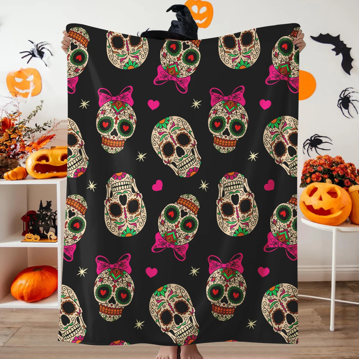 

1 шт., фланелевое одеяло с черепом на Хэллоуин, маленькое одеяло с принтом «Любовь, череп, бант», удобное и теплое многофункциональное одеяло