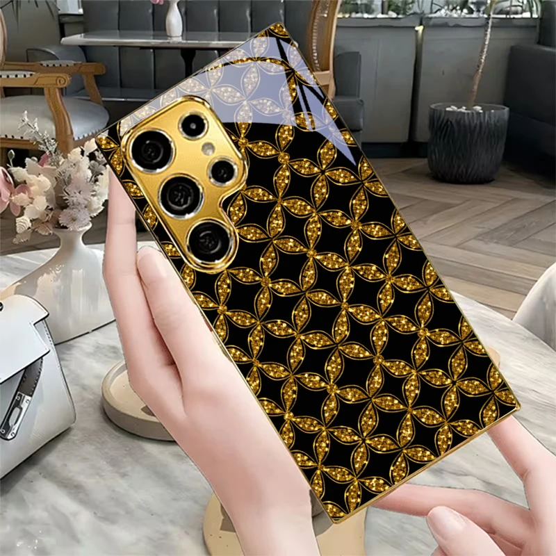Elegant Gold Glitter Electroplated Golden Phone Case For Samsung S24 Ultra S21 S20 FE S23 Plus S22 S25 S26 Note10 20 Glass Cover