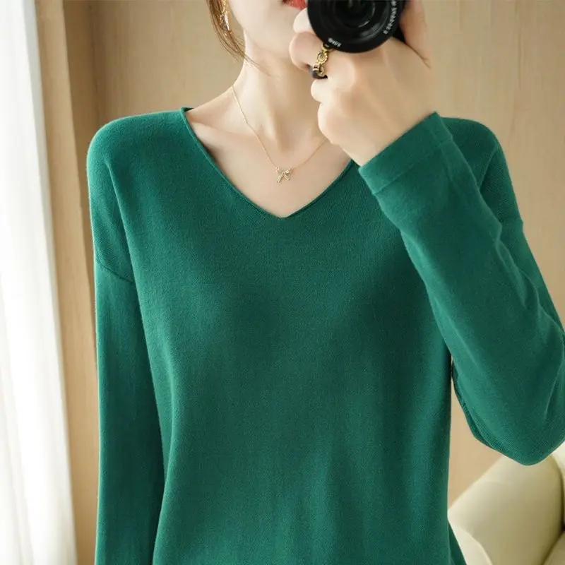 Stylish V-Neck Solid Color Knitted All-match Sweater Women Clothing 2022 Autumn New Oversized Casual Pullovers Loose Korean Tops