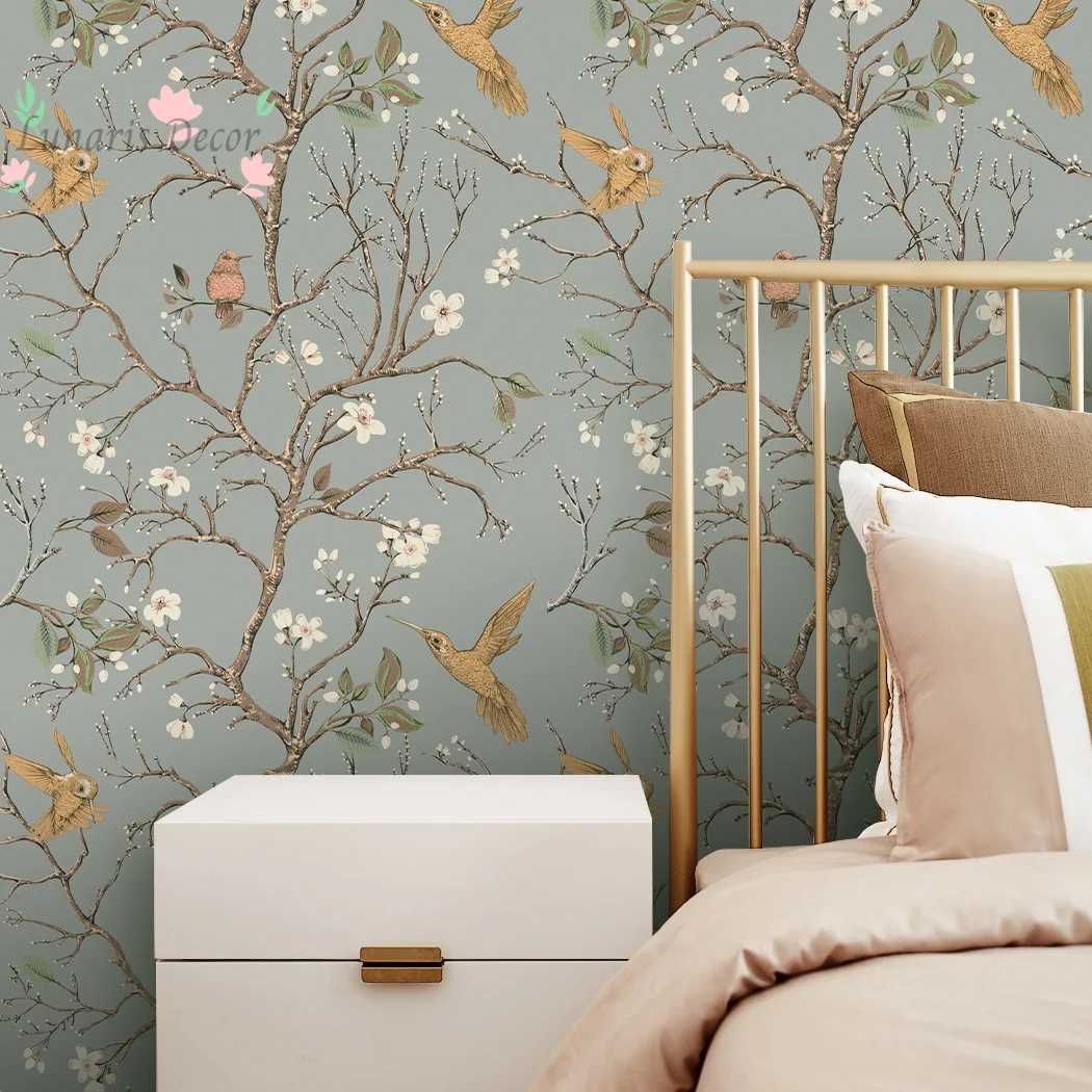 Self-adhesive wallpaper - floral, bird, and greenery design - living room background renovation - roll wallpaper