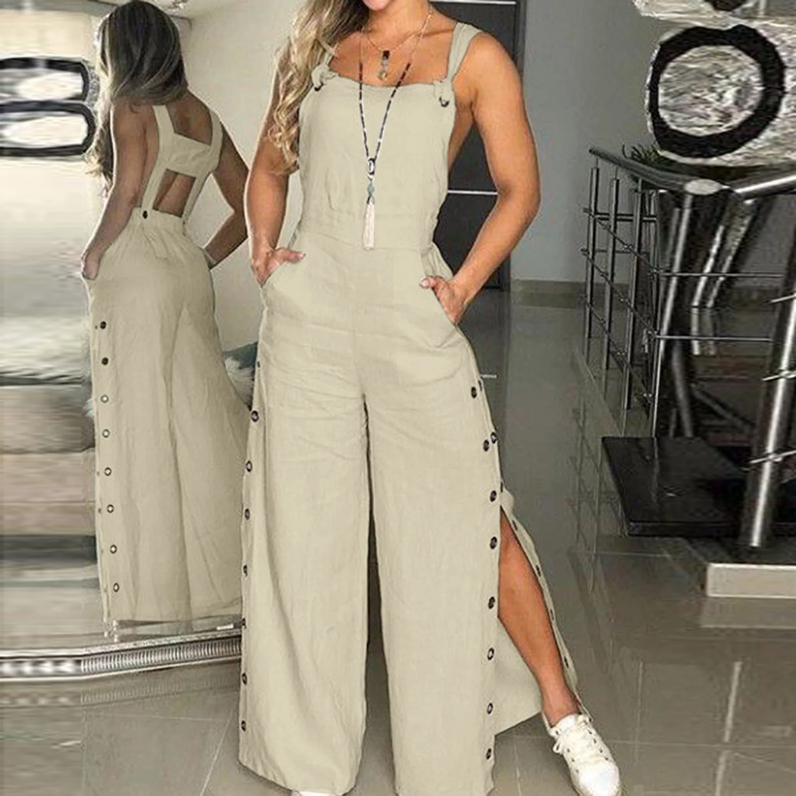 Women\'s Summer Sleeveless Twisted Knot Cotton Linen Strappy Jumpsuit Side Button Opening Loose Long Pants Women Playsuit Overall