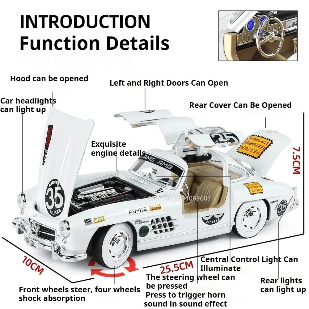 1:18 300sl modelo de brinquedo em miniatura carros vintage liga diecast som luz portas abertas absorção choque para crianças presentes natal