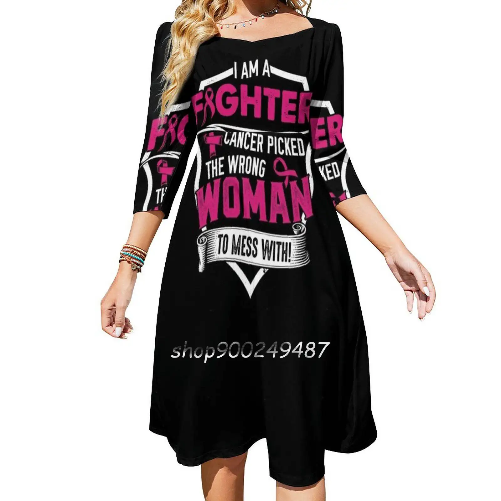 

I Am Fighter-Breast Cancer Awareness Gifts For Women Breast Sweet Elegant Dress Women Korean Kawaii Square Collar Dress Breast