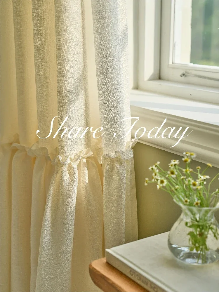 Custom Size French Beige Tulle sheer Curtains for Living Dining Room Bedroom Rustic Ruffle Wooden Earring Hem Translucent Opaque