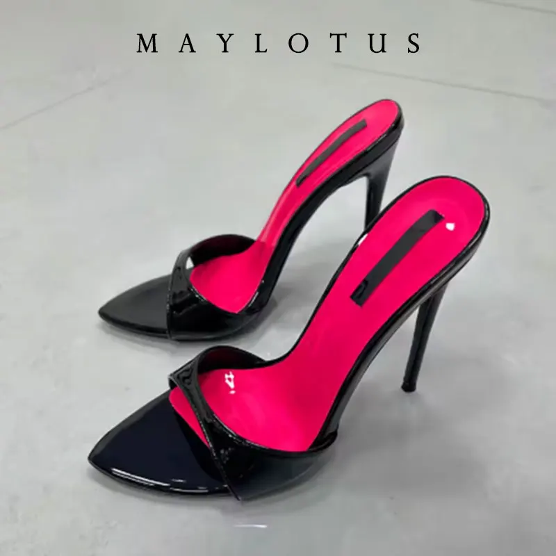 Size 35-46 Patchwork Stiletto Heel Slippers Newest Pointed Open Toe One Strap Thin Heel Slip-on Sandals Sexy Dress Mules