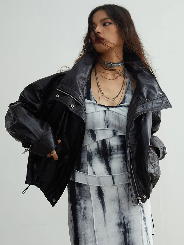 [EAM] chaqueta negra de cuero PU de talla grande nuevo abrigo de mujer de manga larga con cuello de piel extraíble moda tendencia primavera otoño