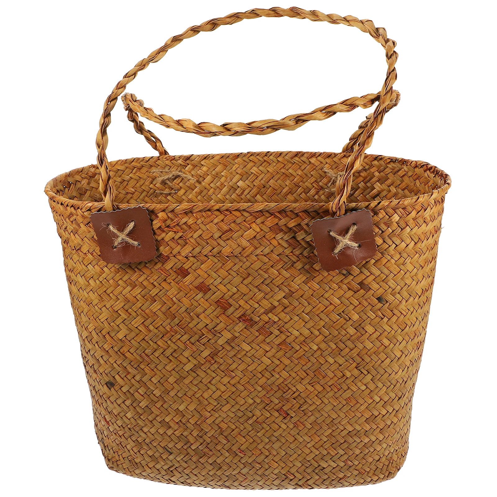 

Hand Woven Straw Picnic Basket Large Size Orange Portable Storage Baskets Handheld Handles Outdoor Use Vegetable Fruit Kids Toys