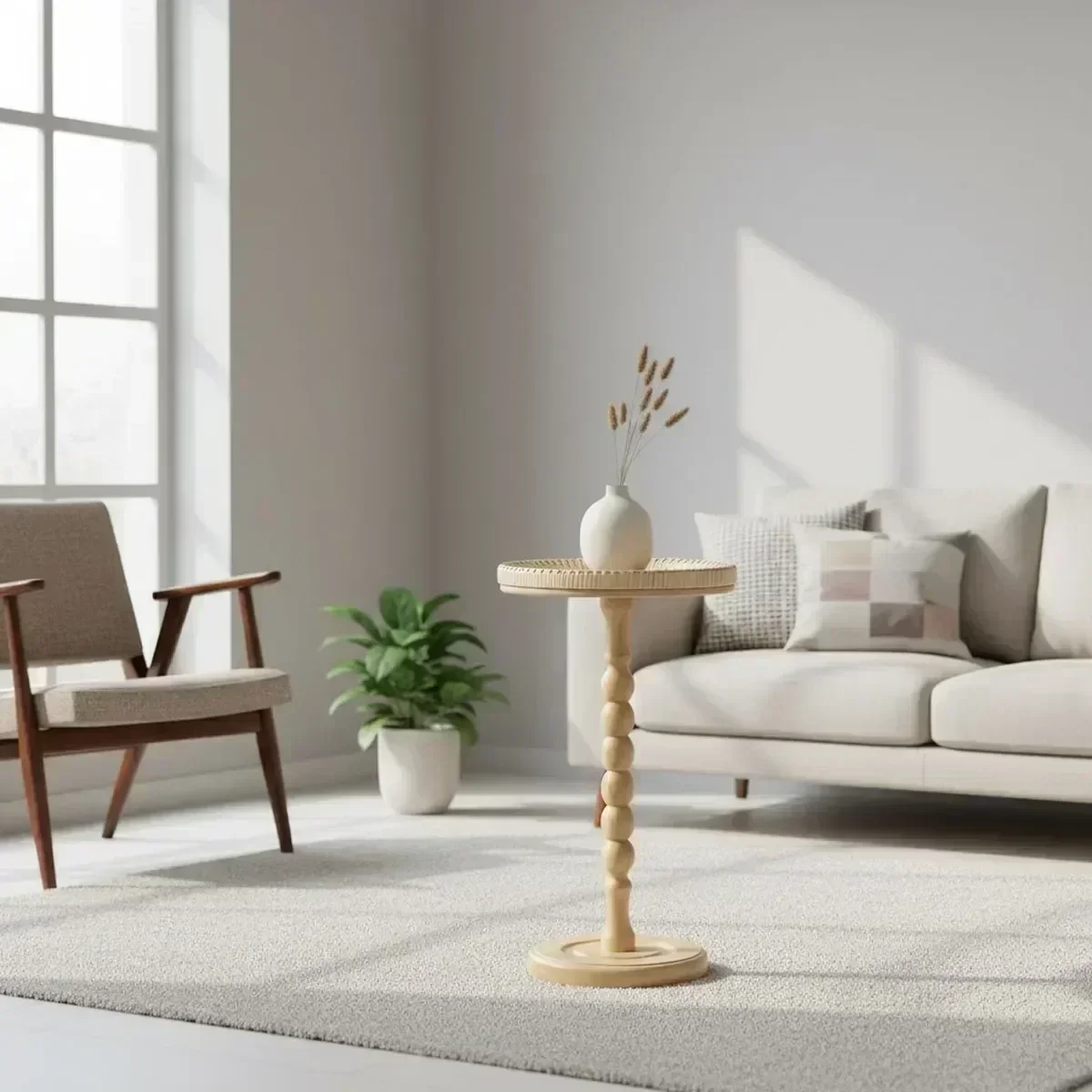 Boho Rattan Round Side Table Small Spaces Accent Coffee Table Solid Wood Legs