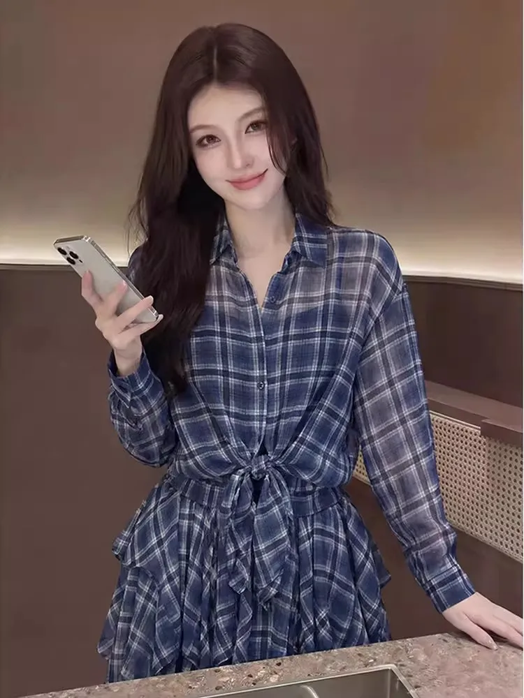 Retro Summer Outfit Thin Sun Protection Plaid Shirt Short Skirt Three Piece Set Breathable Polyester Long Sleeve A-Line Dress