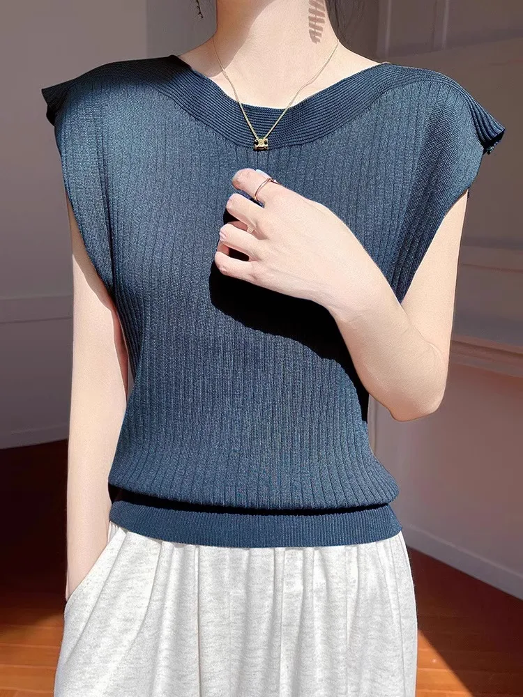 

Slimming Ice Silk Knitted T-Shirt Women's One Shoulder Sleeveless Base Shirt Fashion Design Commute Style Regular Fit Short S...