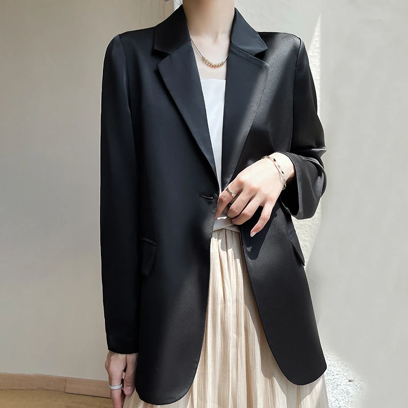 Spring And Autumn New Women\'s Fashion French Suit Solid Color Lapel Acetate Fabric Elegant Temperament Casual Commuter Jacket