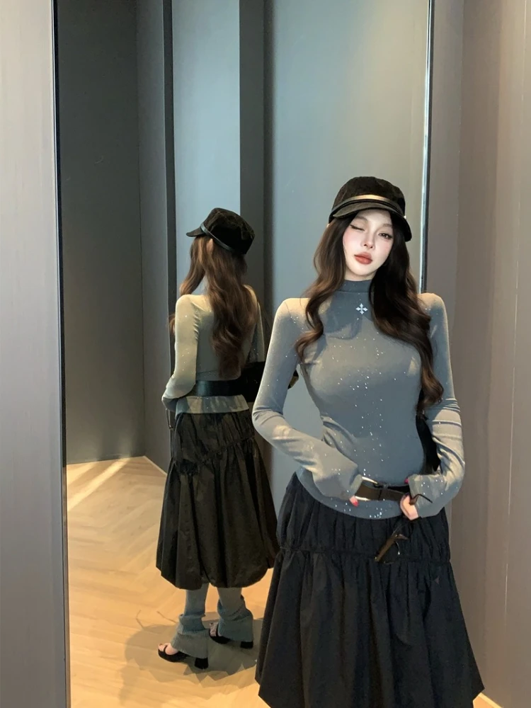 الحلو بارد سباركلي كم طويل أعلى المرأة السوداء ضئيلة عالية الرقبة المحملة حجر الراين التفاصيل لامعة تي شيرت فتاة الساخنة شيك الزي اليومي #6