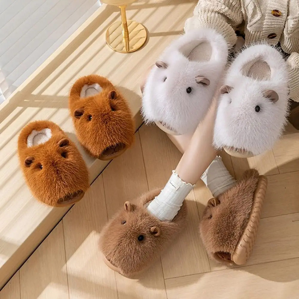 

Casual Comfortable Capybara Plush Slippers Winter Kawaii Closed Toe Slippers Silent Wrapped Heel Couple Slippers Men