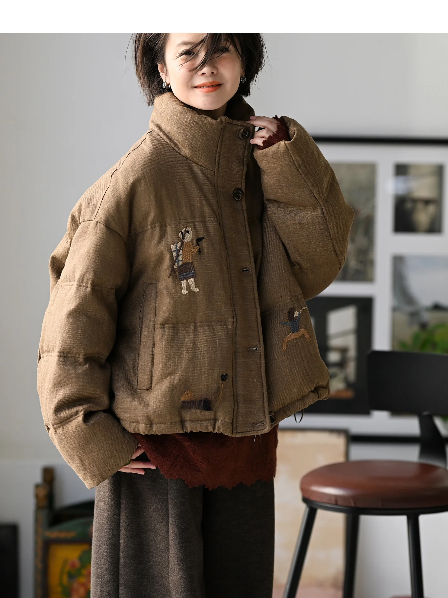 

Корейская утепленная хлопковая куртка с вышивкой, воротником-стойкой, свободного кроя, женское зимнее пальто, повседневное, комфортное, из смесового льна
