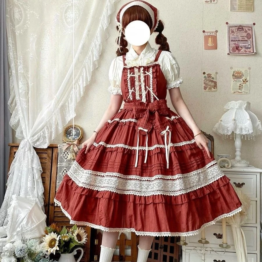 

MAGOGO【 Summer Flower Tea 】Countryside Style Lolita Suspender Long Dress Women Summer Victorian Bow Patchwork Big Hem Dresses