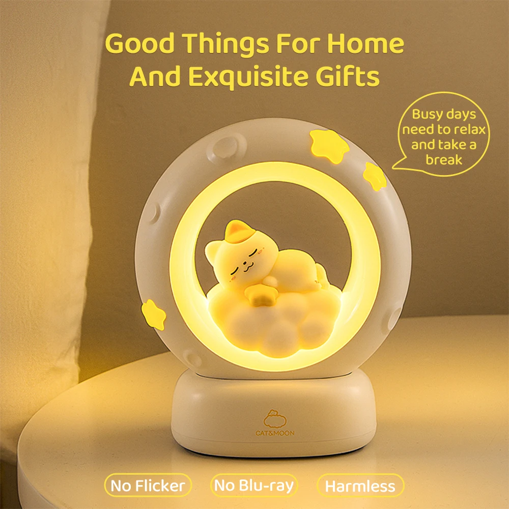 Cute Cat Night Light Cartoon Creative Atmosphere Decoration Ornaments for Children\'s Room Bedside Charging Soft LED Lights Gift