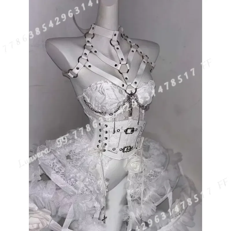 Handmade Pure White Gothic Lolita Corset Top Heavy Craft Flower Bone Bustier Dark Lace-up Waist Fishbone Structure Costume