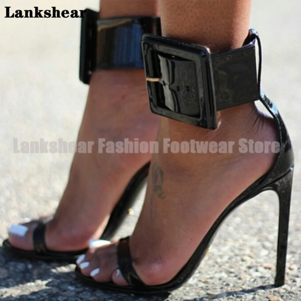 

Sexy Black Patent Leather Buckle Strap Sandals Gladiator Stiletto Heels Women Shoes Summer Round Toe Sandalias De Mujer Verano