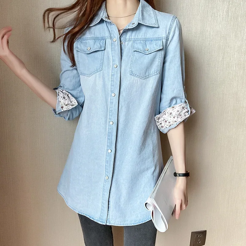 Spring New 2024 Vintage Denim Button Up Shirt Coat Korean Long Sleeve Top Women Jacket  Loose Casual Blouse Women 11968