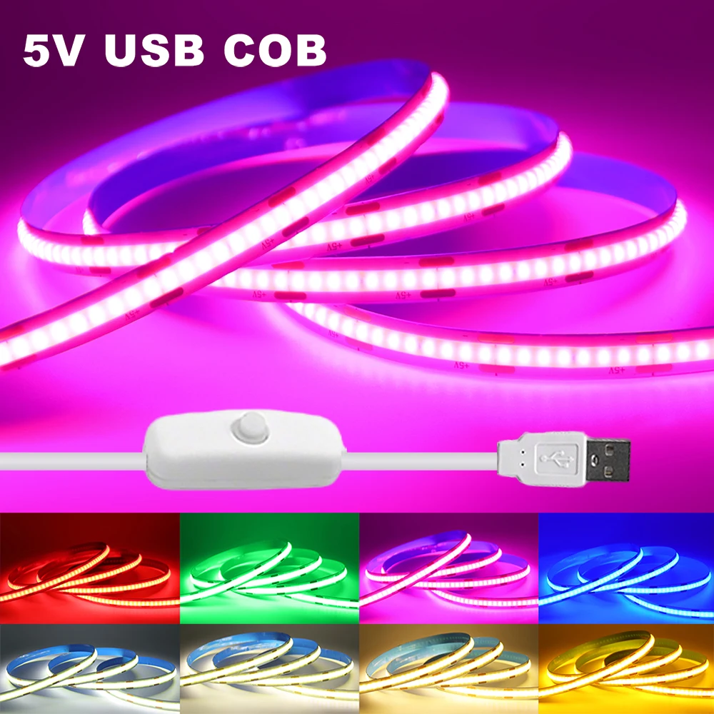 5V Swicth USB COB LED Light Strip 320LEDs/M Flexible Diode Tape Linear Indoor Lighting Lamp 9 Colors Room TV Backlight DIY Decor