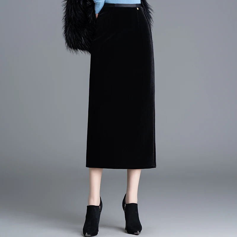 

ZUZK Элегантная бархатная прямая юбка для женщин с эластичной резинкой на талии и разрезом, женская юбка с заниженной прямой юбкой