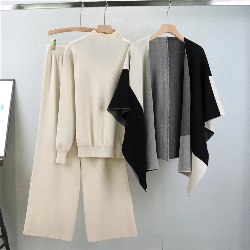 2025 Autumn Winter New European American Fashion Knitted Color Matching Shawl Wide-leg Pants Three-piece Sets Temperament Outfit