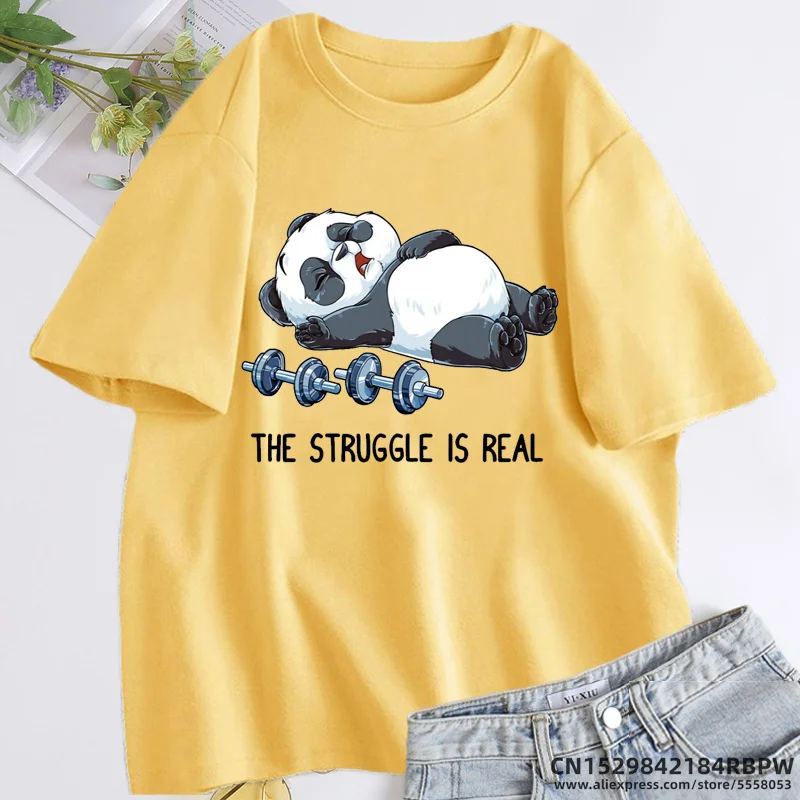 The Struggle Is Real Fitness Panda T Shirt Funny Cartoon T-shirts Summer Short Sleeve Graphic T Shirts Streetwear Women\'s Tops