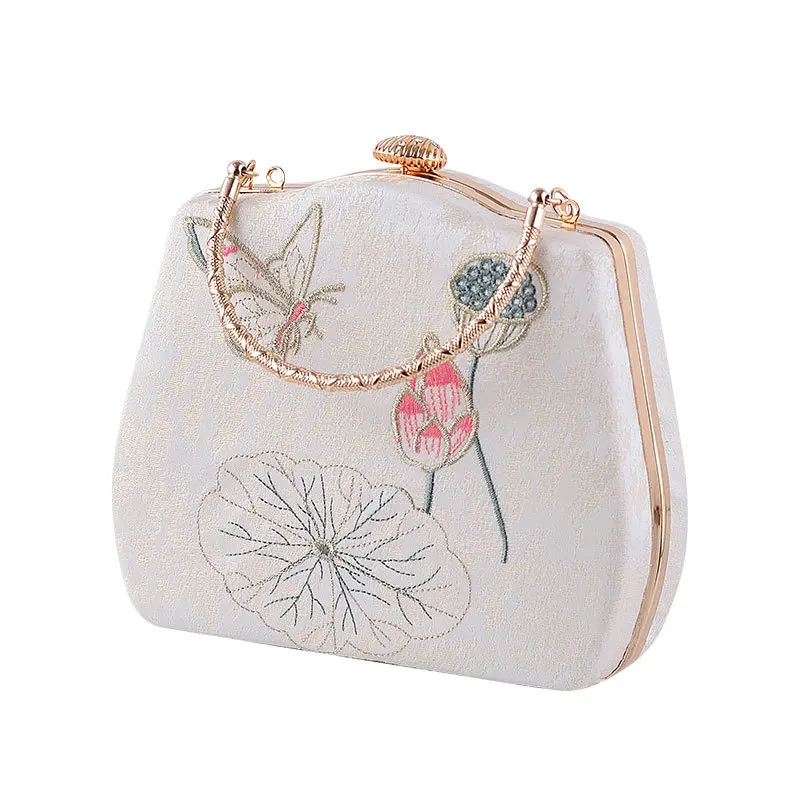 Vintage Print Flower Butterfly Embroidery Evening Bag For Women Metal Handle Handbag Wedding Banquet Party Clutches Ladies Purse