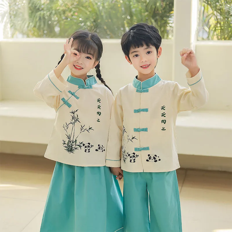 Boy And Girl Spring Autumn Chinese Style Retro Hanfu Children Oriental Vintage Button Two Piece Suit Performance Role Play Dress