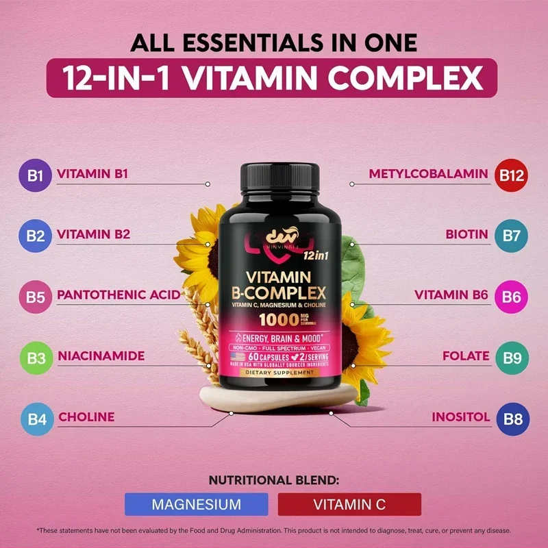 Complejo de vitamina B masculino y femenino-Complejo B: B1, B2, B3, B5, B6, B7, B8, B9, B12- suplementos de energía, cerebro y soporte del corazón
