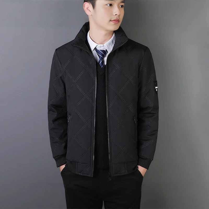 Jaket Kasual Pria Katun Musim Gugur Musim Dingin Desain Manset Tebal Jaket Berkerah Tegak Tahan Angin Jaket Katun Berlapis Berlian Termal