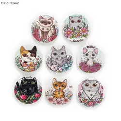 50pcs Cat With Flower Print Series Wooden Buttons Handwork Sewing Scrapbooking Clothing Crafts Accessories Gift Card 20-25mm