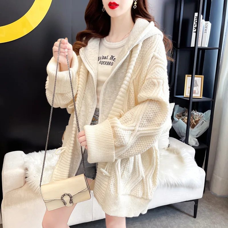 Women's Fake Two Piece Hooded Jacket 2024 New Spring And Autumn Loose Lazy Style Medium Long Knitted Cardigan Sweater