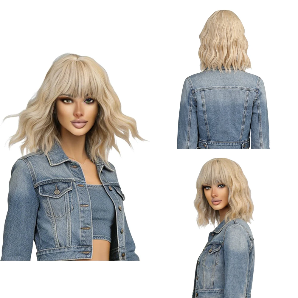 Natural Light Blonde Wavy Bob Wig With Fringe For African American Women Glueless Wear & Go Soft Synthetic Hair Daily Wear