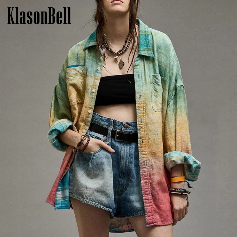 

7.29 KlasonBell Women Streetwear Gradual Plaid Long Sleeve Shirt Lapel Collar Single Breasted Loose All-matched Cotton Blouse