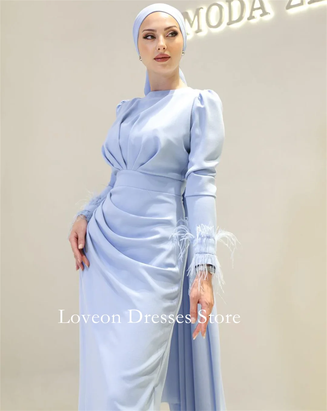 O-pescoço crepe penas vestidos de noite formais ruched sereia mangas completas estilo árabe personalizado elegante baile de formatura crescidos festa feminina