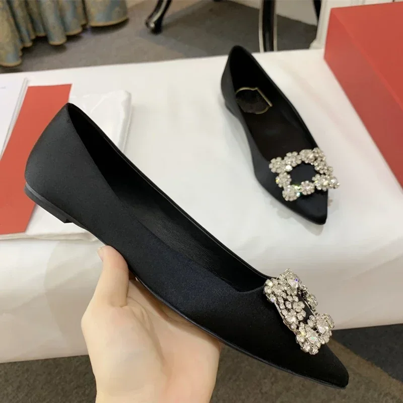 Classic satin loafers from Europe America luxurious Rhinestone square buckle red ballet flats Banquet wedding shoes