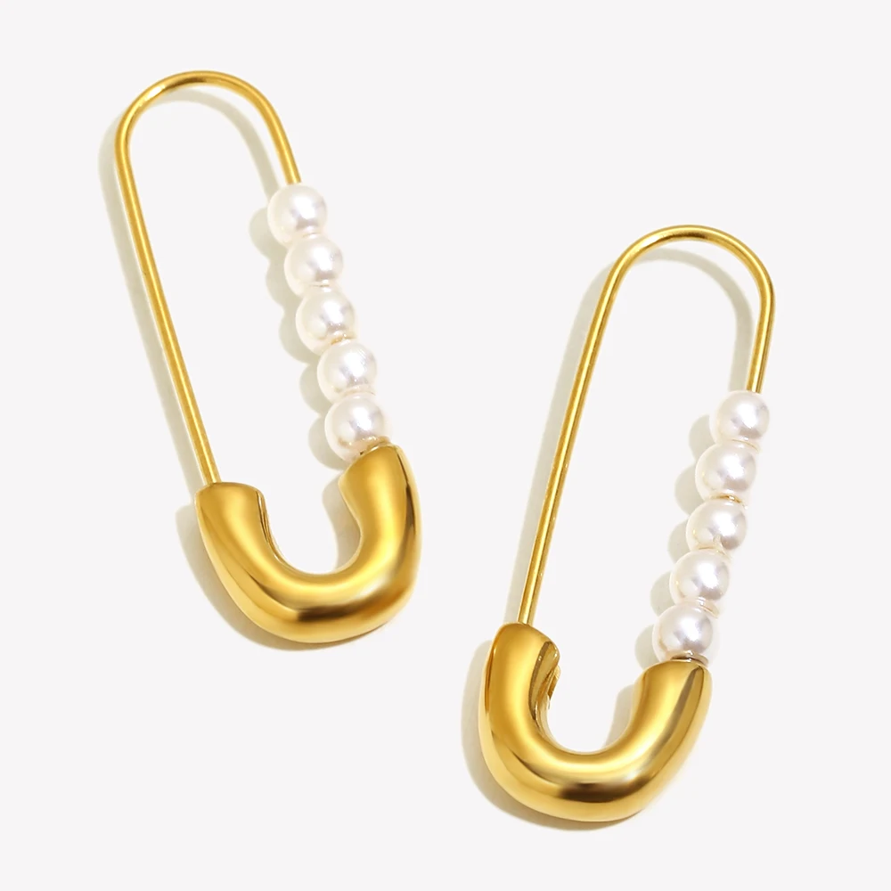E B belle Official Store Stainless Steel Jewelry Dainty Safety Pin Pearl Earring For Girl 18k Gold Plated Fashion Earring