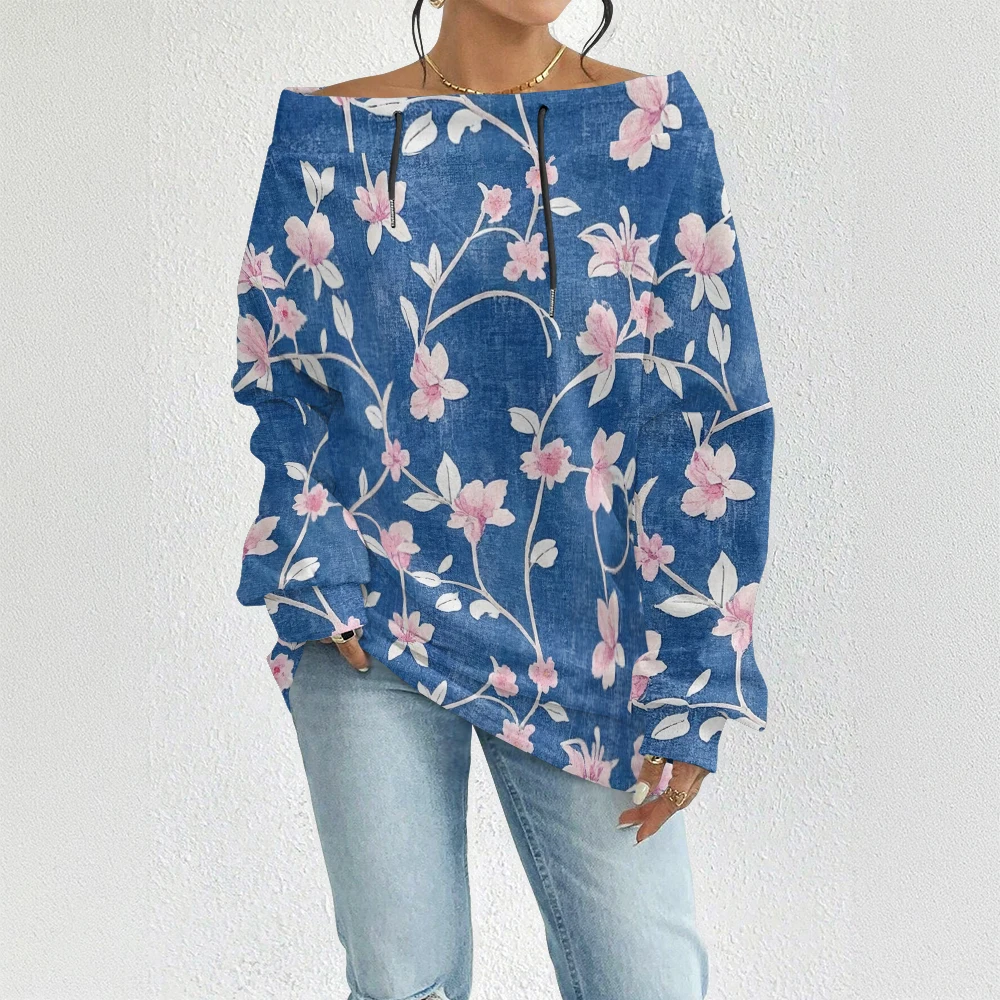 المرأة الأزرق خمر الأزهار طباعة البلوز قبالة الكتف الرباط البلوز الأعلى مع الزهور الوردية فضفاضة تناسب بلوزة عادية